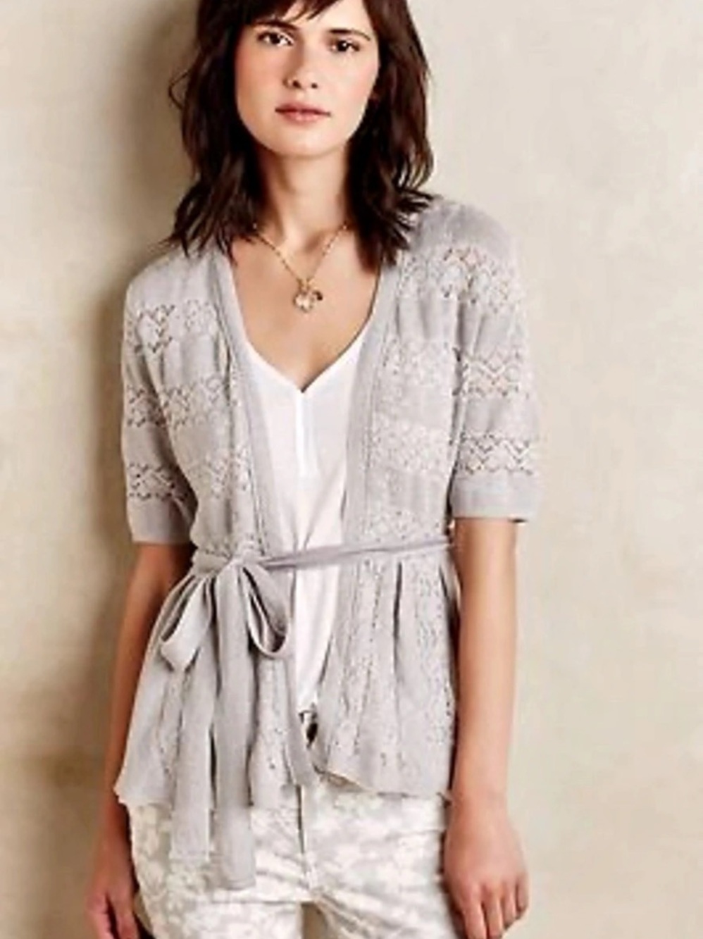 Anthropologie Knitted & Knotted Short-sleeve Lace-stitch Cardigan